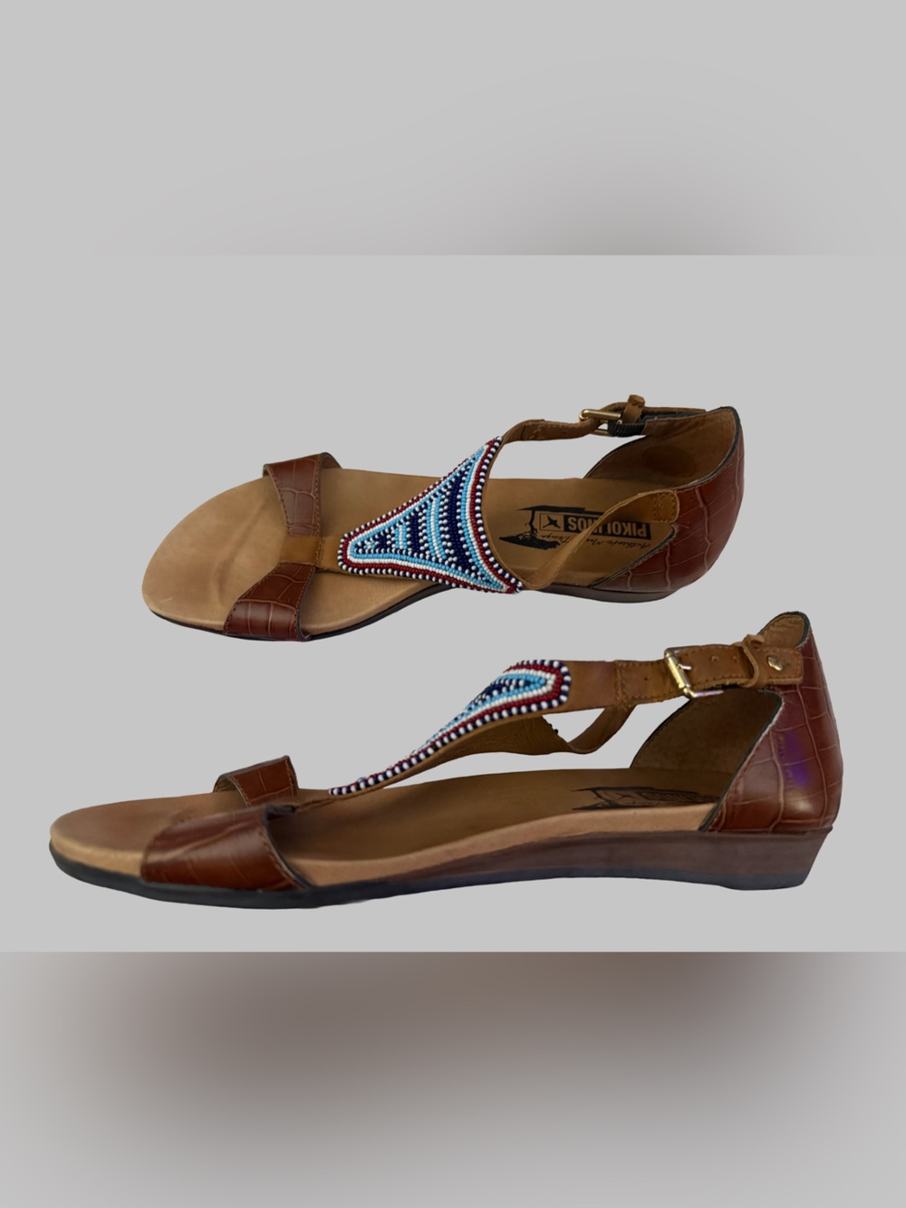 Pilolinos Brown Beaded T-Strap Women’s Sandals